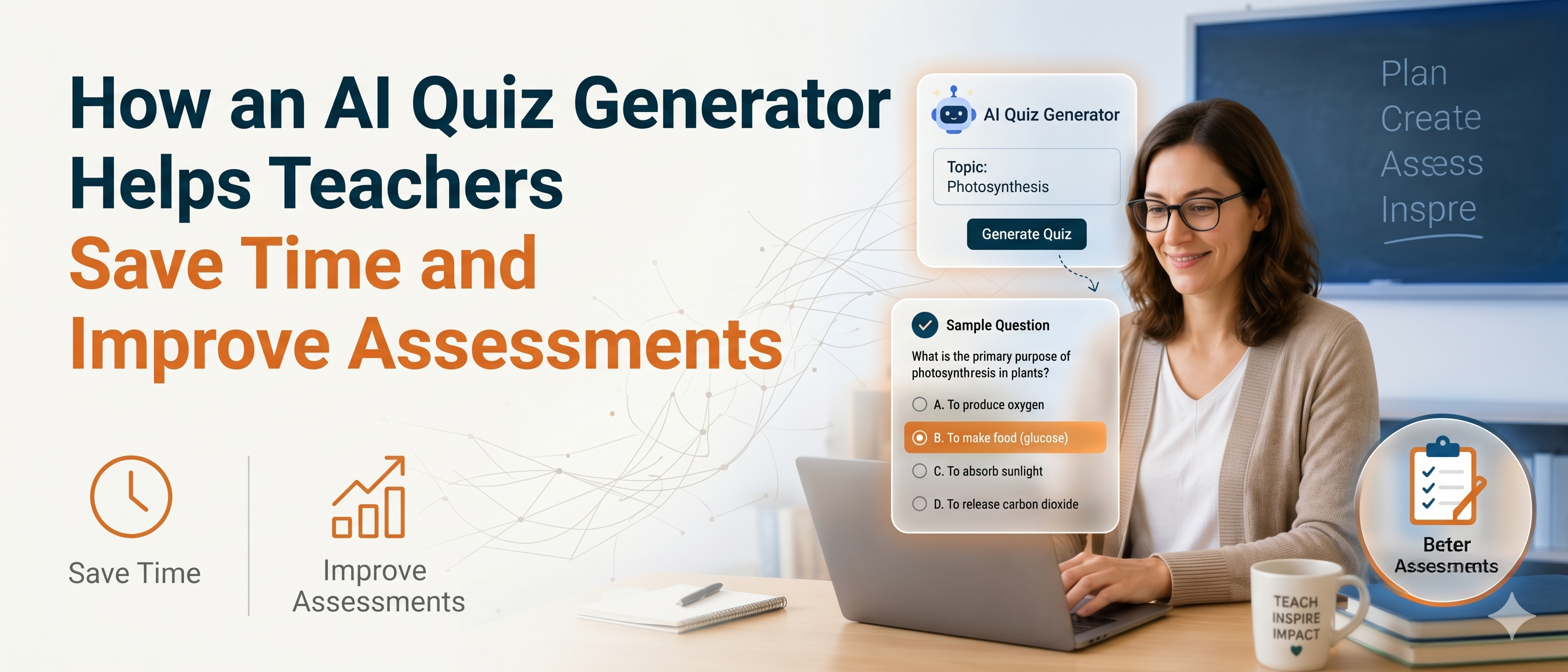Teacher using AI Quiz Generator tool to save time and improve student assessments with automated question generation and quiz creation